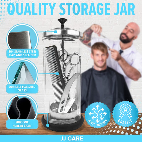 JJ CARE Disinfectant Jar (42 oz) - Barber Jar Glass, Sanitizer Disinfectant Glass Jar, Barber Disinfectant Jar, Implement Disinfectant Container w/Stainless Steel Removable Strainer & Cap - Black Lid